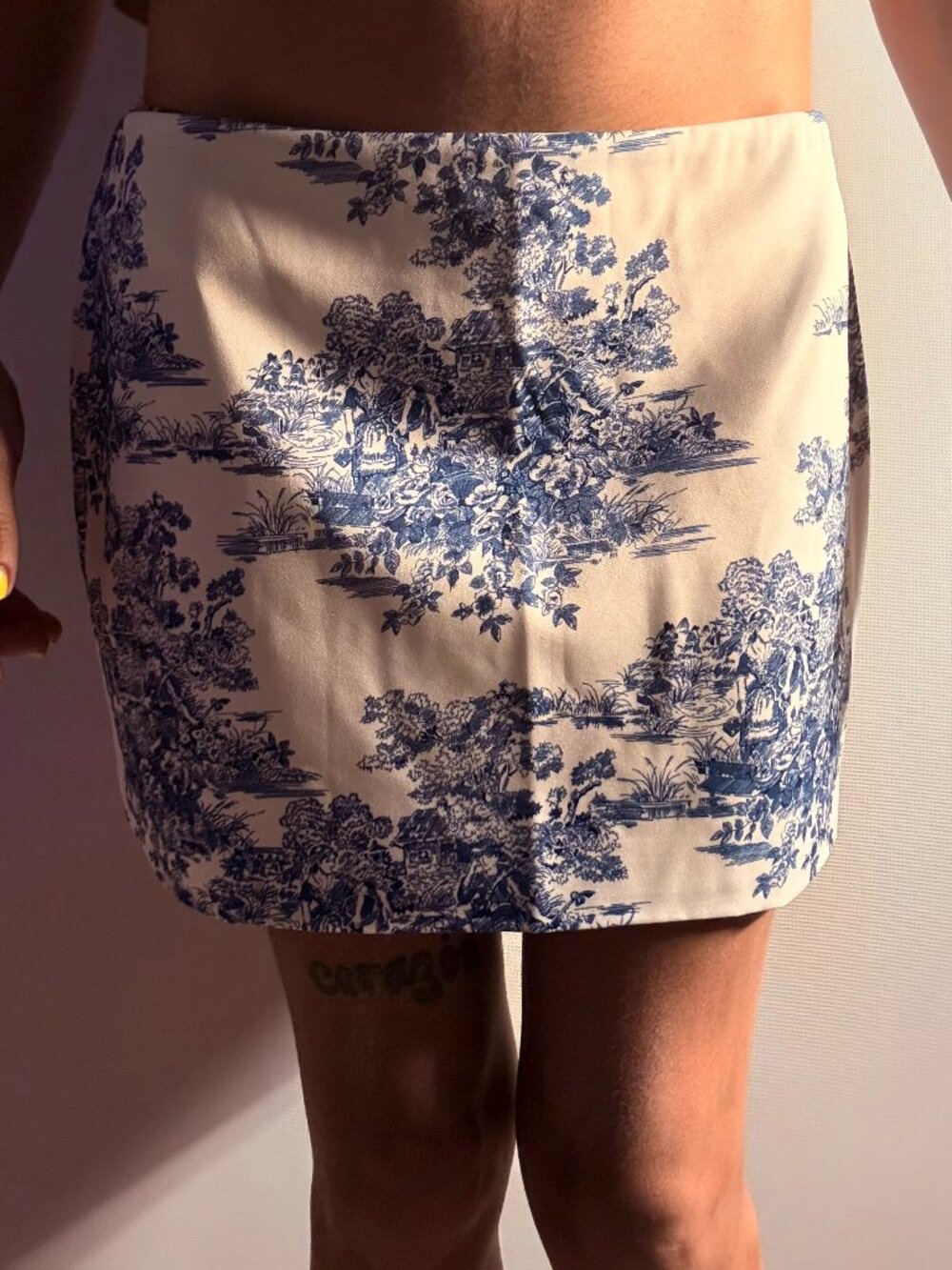 Fashion Nova blue + white ceramic print skirt